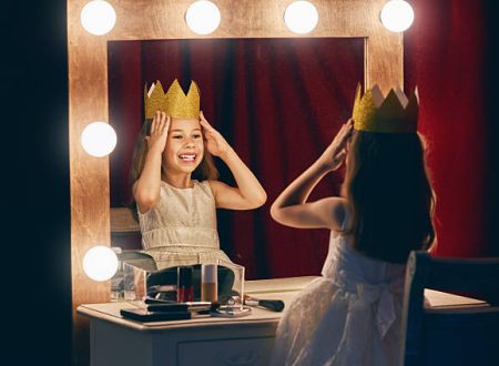 Cute little actress. Child girl in Princess costume on the background of theatrical scenes and mirrors.